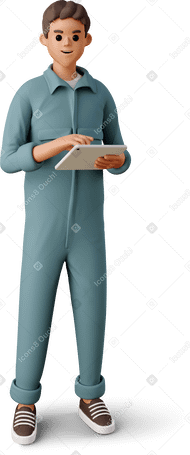 3D young man in the worker jumpsuit with tablet Illustration in PNG, SVG