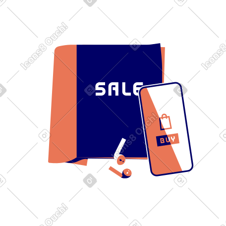 Fashion magazine with inscription sale, smartphone with online shopping app and wireless earphones PNG, SVG