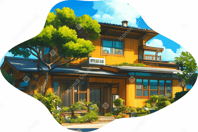 yellow house in summer background PNG, SVG