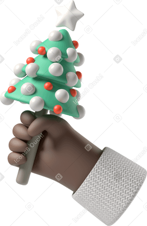 3D 拿着一棵小圣诞树的黑皮肤手 PNG, SVG
