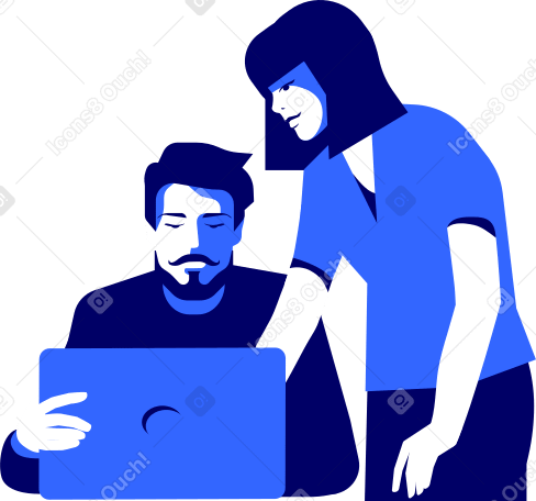 woman and a man with a laptop discuss a project Illustration in PNG, SVG
