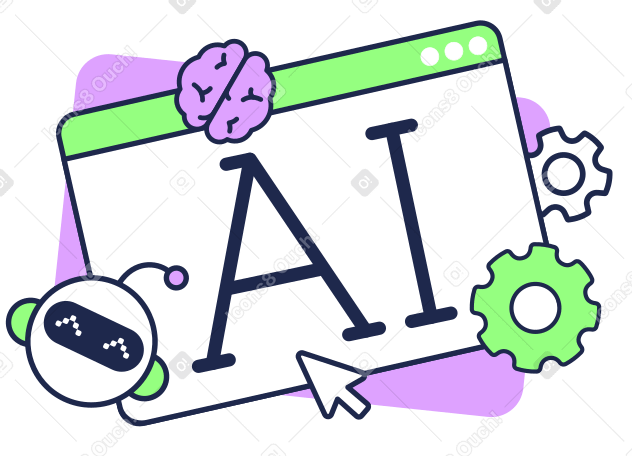 Надпись ai с роботом, шестернями и мозговым текстом в PNG, SVG