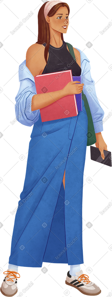 Woman in long jeans skirt standing and holding a phone in her hand PNG, SVG