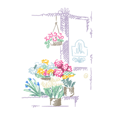 Flower shop with bouquets and door sign PNG, SVG
