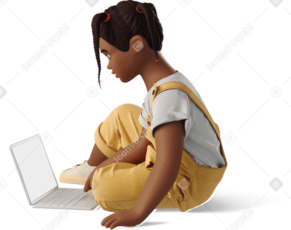 3D little girl sitting with laptop PNG, SVG