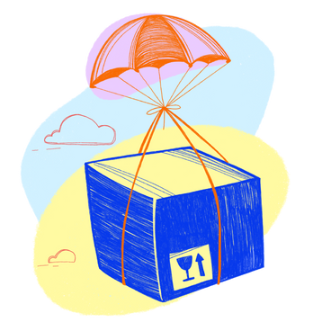 Fallschirm liefert blaue kiste mit zerbrechlichen gegenständen PNG, SVG