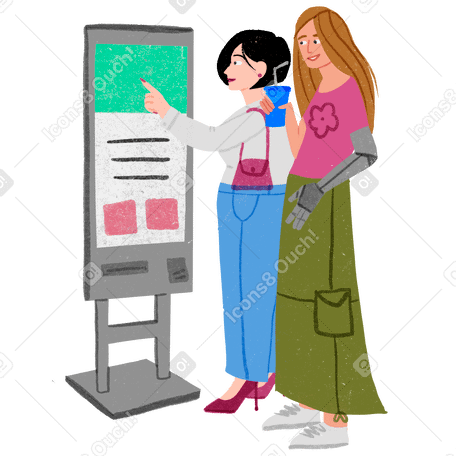 Two women interacting with information stand PNG, SVG