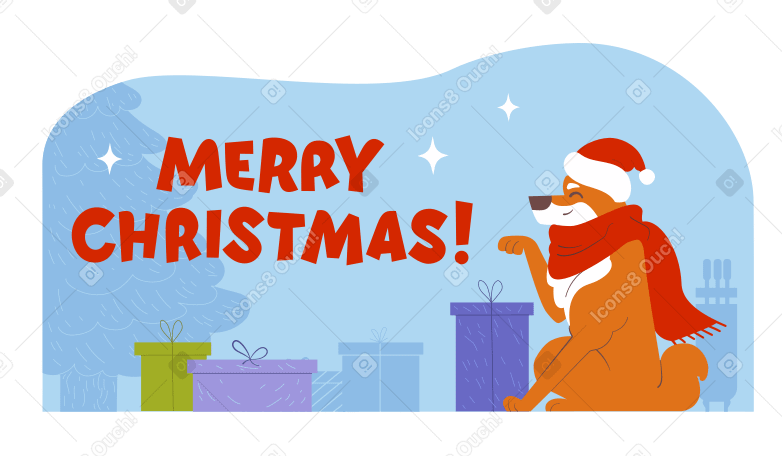 Merry Christmas text and dog opening Christmas presents PNG, SVG