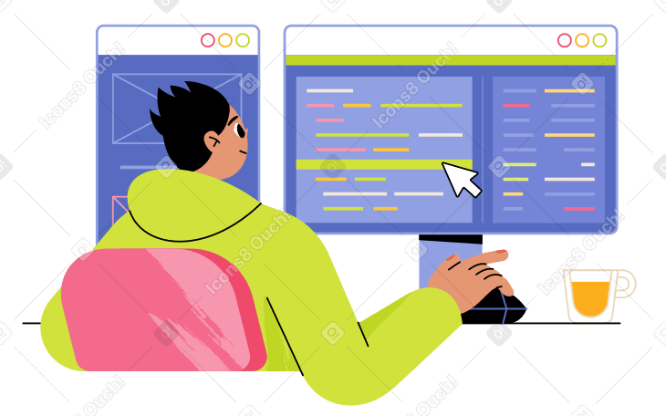 Ilustración animada de Hombre programador escribiendo código y haciendo diseño web en una pc en GIF, Lottie (JSON), AE