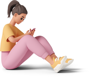 young woman sitting and tapping on smartphone PNG, SVG