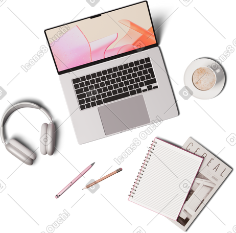 3D top view of laptop headphones and notebooks PNG, SVG