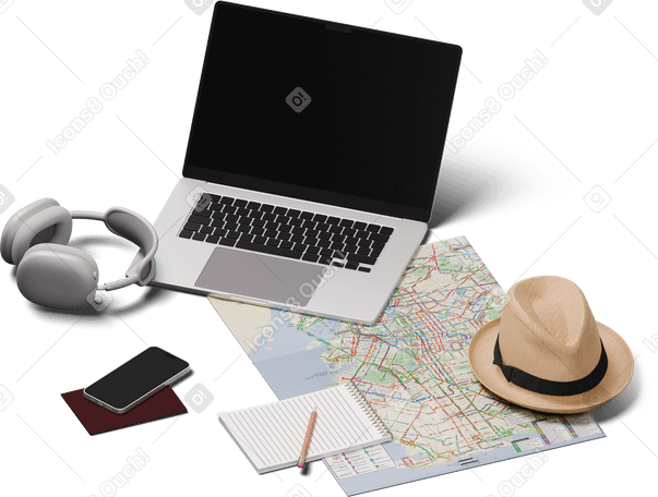 3D isometric view of desk with laptop and travel map PNG, SVG