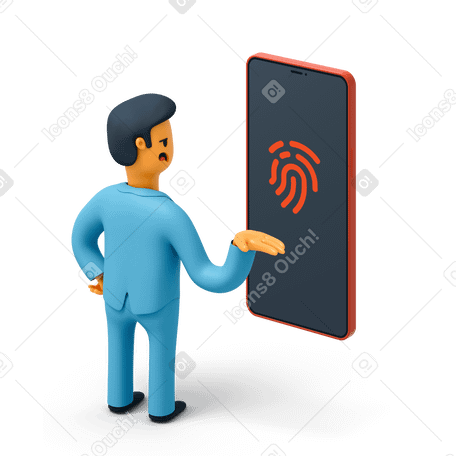 3D Businessman using a phone with fingerprint scanner PNG, SVG