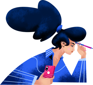 woman in a blue shirt with a phone and a pen PNG, SVG