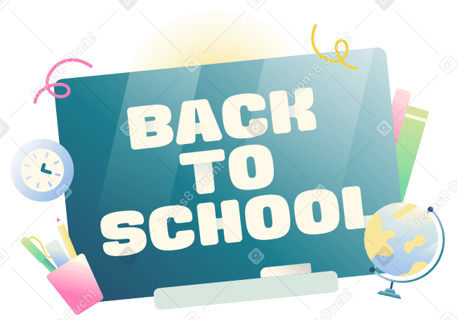 Schriftzug „back to school“ an bord mit globus und bleistifttext PNG, SVG
