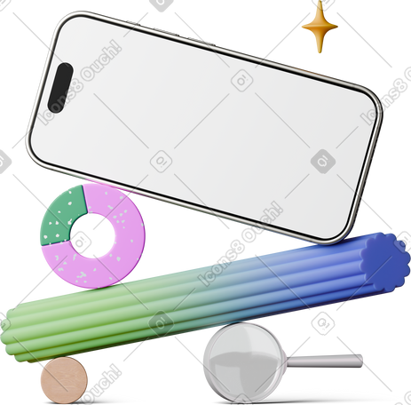 3D front view of magnifying glass and smartphone mockup standing on abstract figures PNG, SVG