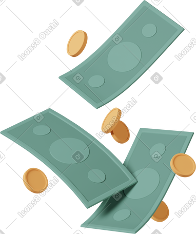 3D coins and banknotes in the air PNG, SVG