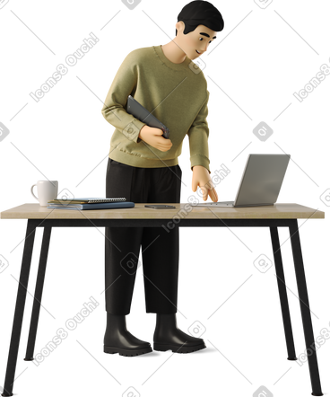 Young man walking up to his desk PNG, SVG