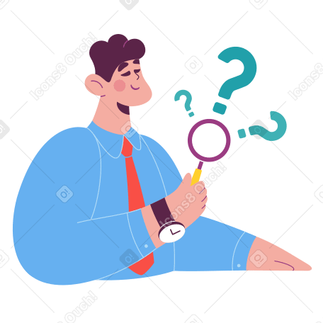 Man with a magnifying glass and a question Illustration in PNG, SVG
