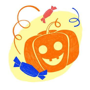 Веселая оранжевая тыква с конфетами и конфетти на хэллоуин в PNG, SVG