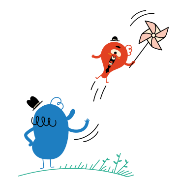 Character waving goodbye to his flying away friend PNG, SVG