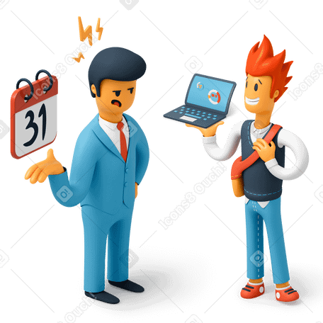 3D Boss hurrying employee to finish project work faster Illustration in PNG, SVG