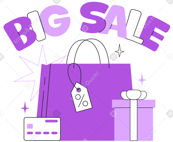 Надпись "большая распродажа" с текстом сумки, открытки и подарочной коробки в PNG, SVG
