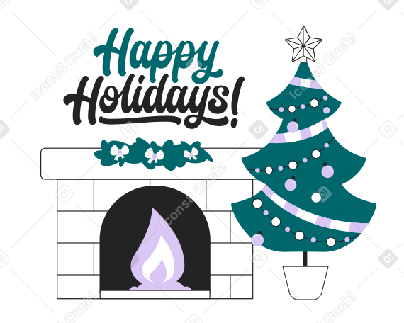 Lettering Happy Holidays! with fireplace and Christmas tree Illustration in PNG, SVG