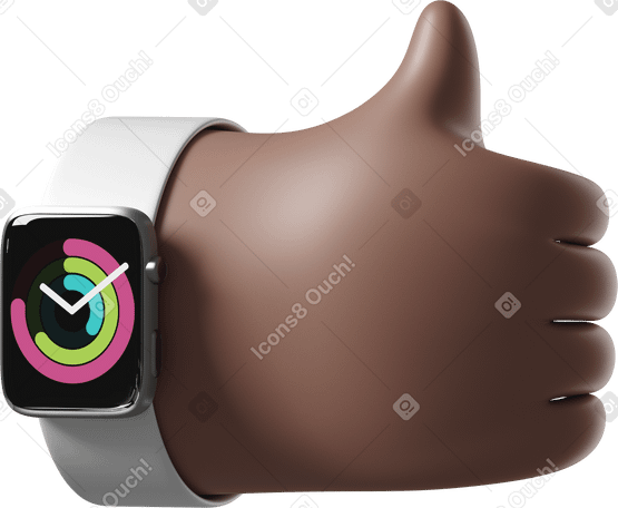 3D Main de peau brune avec smartwatch allumé montrant les pouces vers le haut PNG, SVG