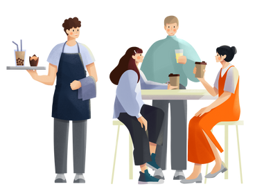 Waiter brings an order for a group of friends in a cafe PNG, SVG