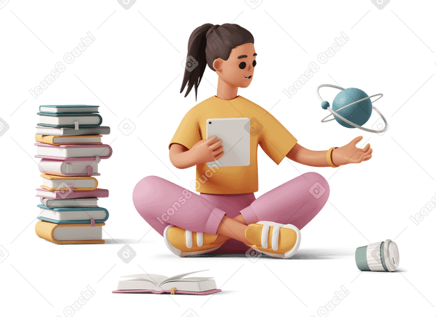 3D Girl studying science sitting in lotus pose PNG, SVG