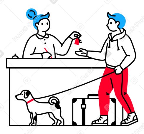 Receptionist at the hotel gives the keys to a guest with a suitcase and a dog Illustration in PNG, SVG