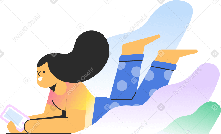 flying woman with cell phone in clouds Illustration in PNG, SVG