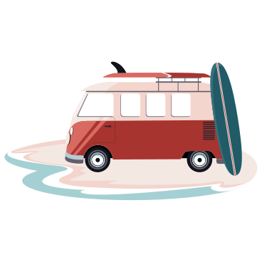 Minivan on the beach with surfboards on the roof PNG, SVG