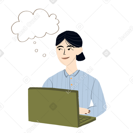 Woman thinking behind a laptop Illustration in PNG, SVG