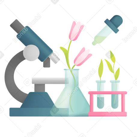 Microscopio y matraces con flores. PNG, SVG