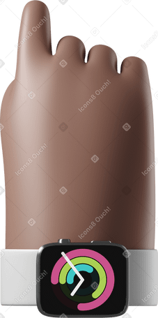 3D Vista posterior de una mano de piel marrón con reloj inteligente encendido apuntando hacia arriba PNG, SVG