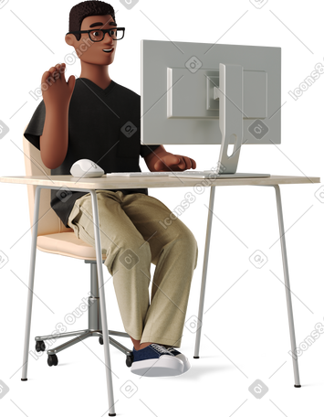 3D man works at a computer and waves his hand PNG, SVG