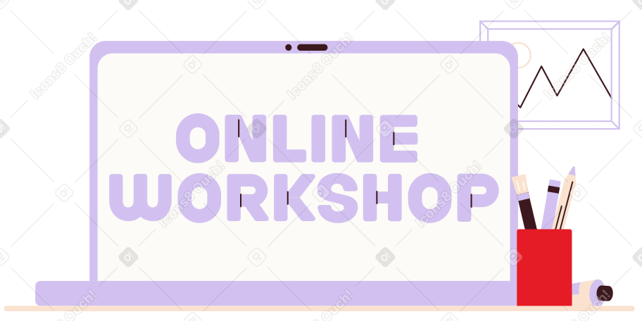 Workshop on-line de letras em laptop com copo de lápis PNG, SVG