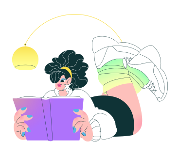 Ilustración animada de Chica leyendo un libro bajo una lámpara de pie en GIF, Lottie (JSON), AE