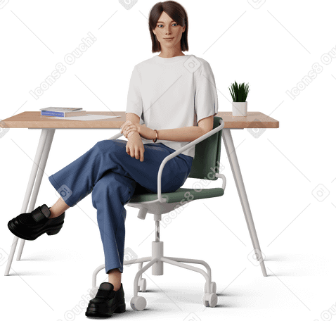 3D young woman sitting in front of the table PNG, SVG