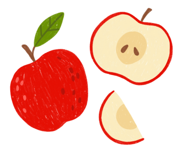 Manzana roja con hoja, media manzana y una rodaja de manzana. PNG, SVG