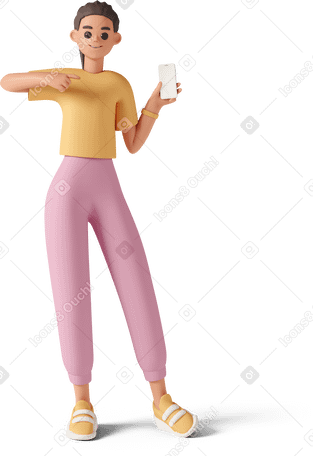 3D young woman standing and pointing at her phone Illustration in PNG, SVG