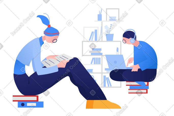 Boy listening to music and girl reading books in isolation PNG, SVG