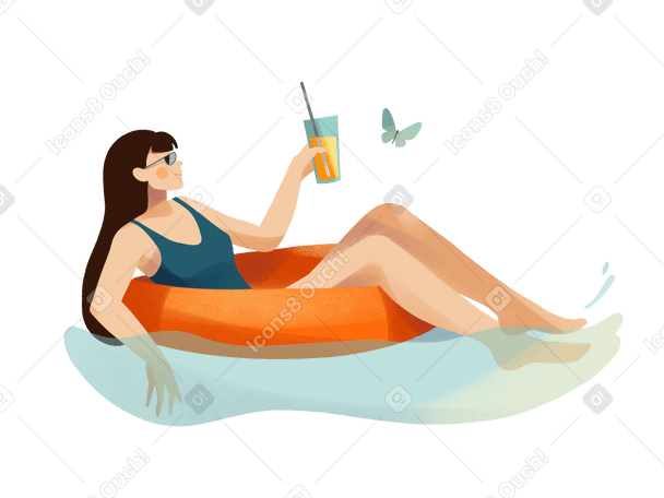 Mujer joven relajándose en agua de mar en un anillo inflable con un vaso de jugo en la mano PNG, SVG