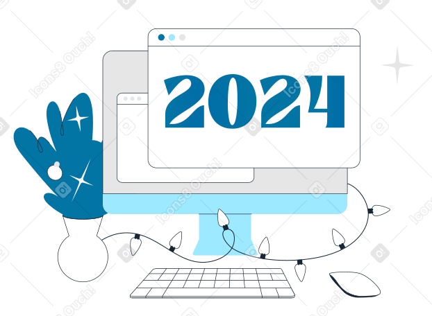 浏览器窗口中的数字 2024 带有圣诞树枝和花环灯 PNG, SVG