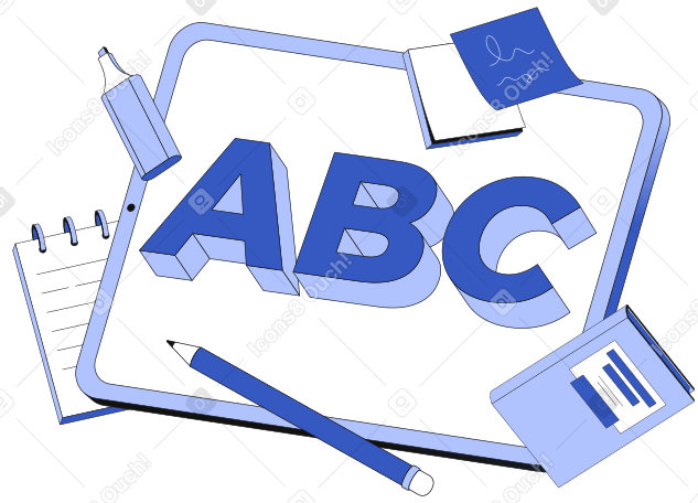 Надпись abc с книгой, карандашом и текстом блокнота в PNG, SVG