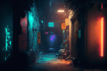 Un callejón oscuro con luces de neón en el fondo de una ciudad futurista PNG, SVG