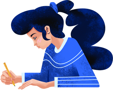 Girl in a blue sweater with a pencil PNG, SVG