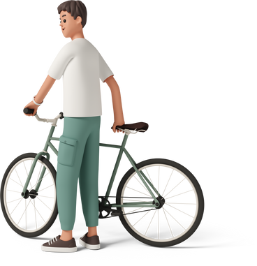Вид в три четверти на молодого человека, стоящего с велосипедом в PNG, SVG